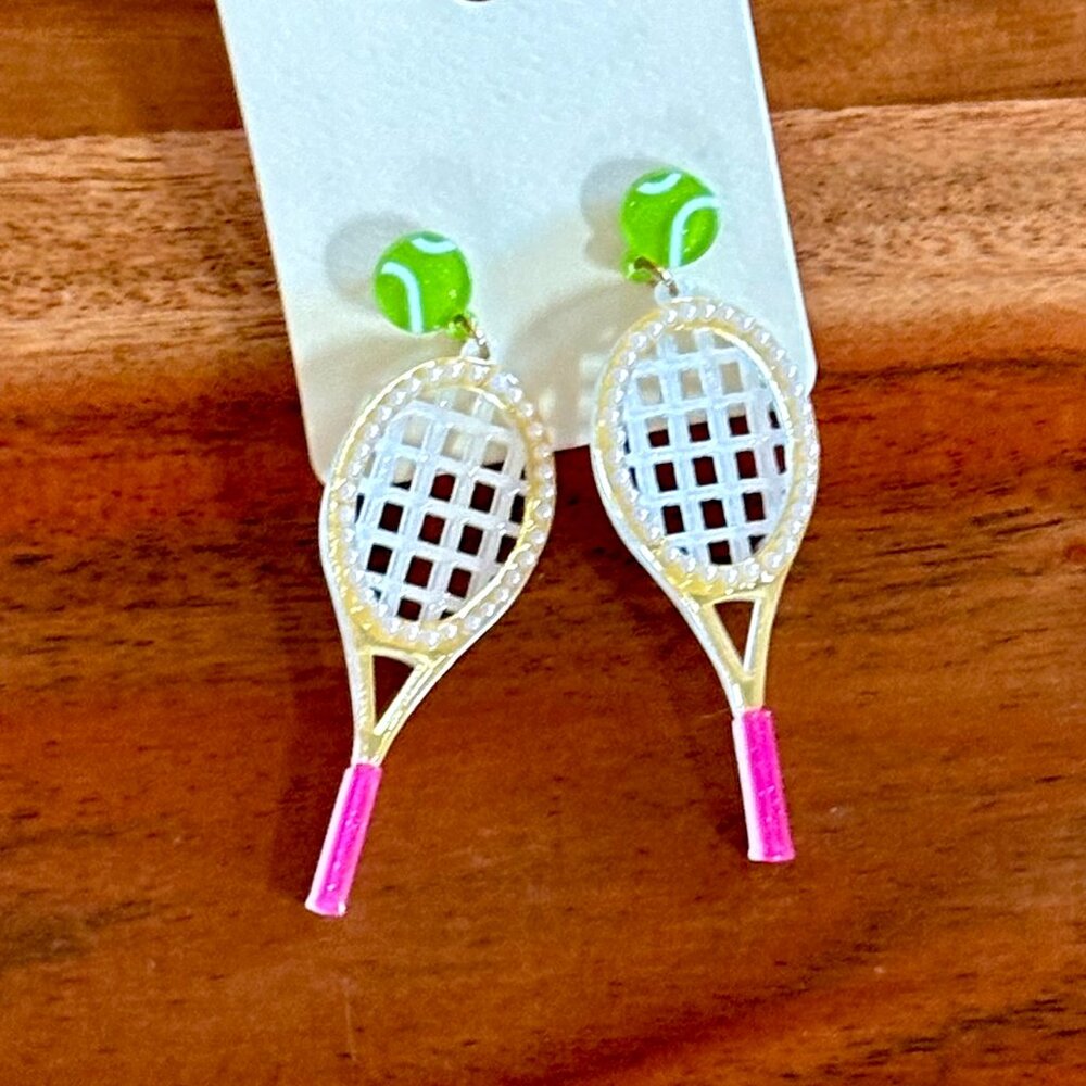 Wimbledon Tennis Racket Earrings – Acrylic Drop Post, 2.7" Statement Pair